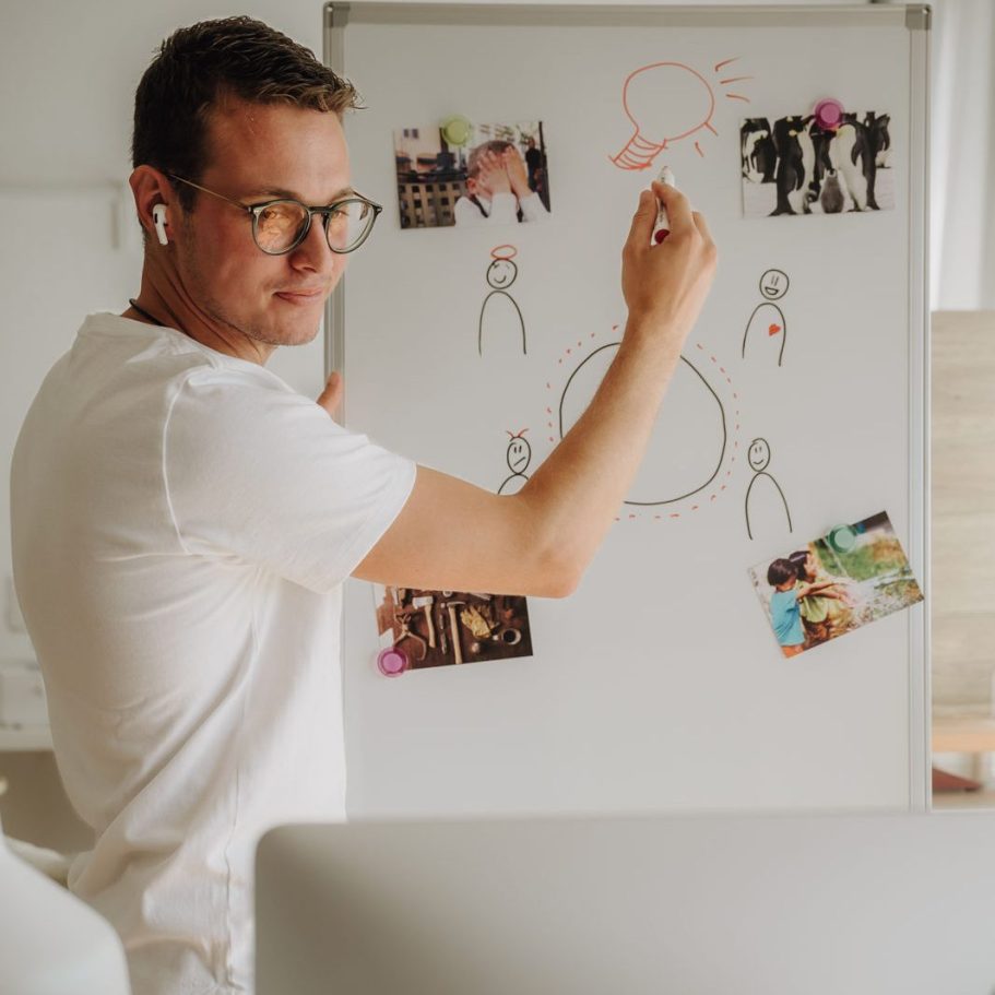 Mann zeichnet auf einem Flipchart, umgeben von Bildern und Skizzen.